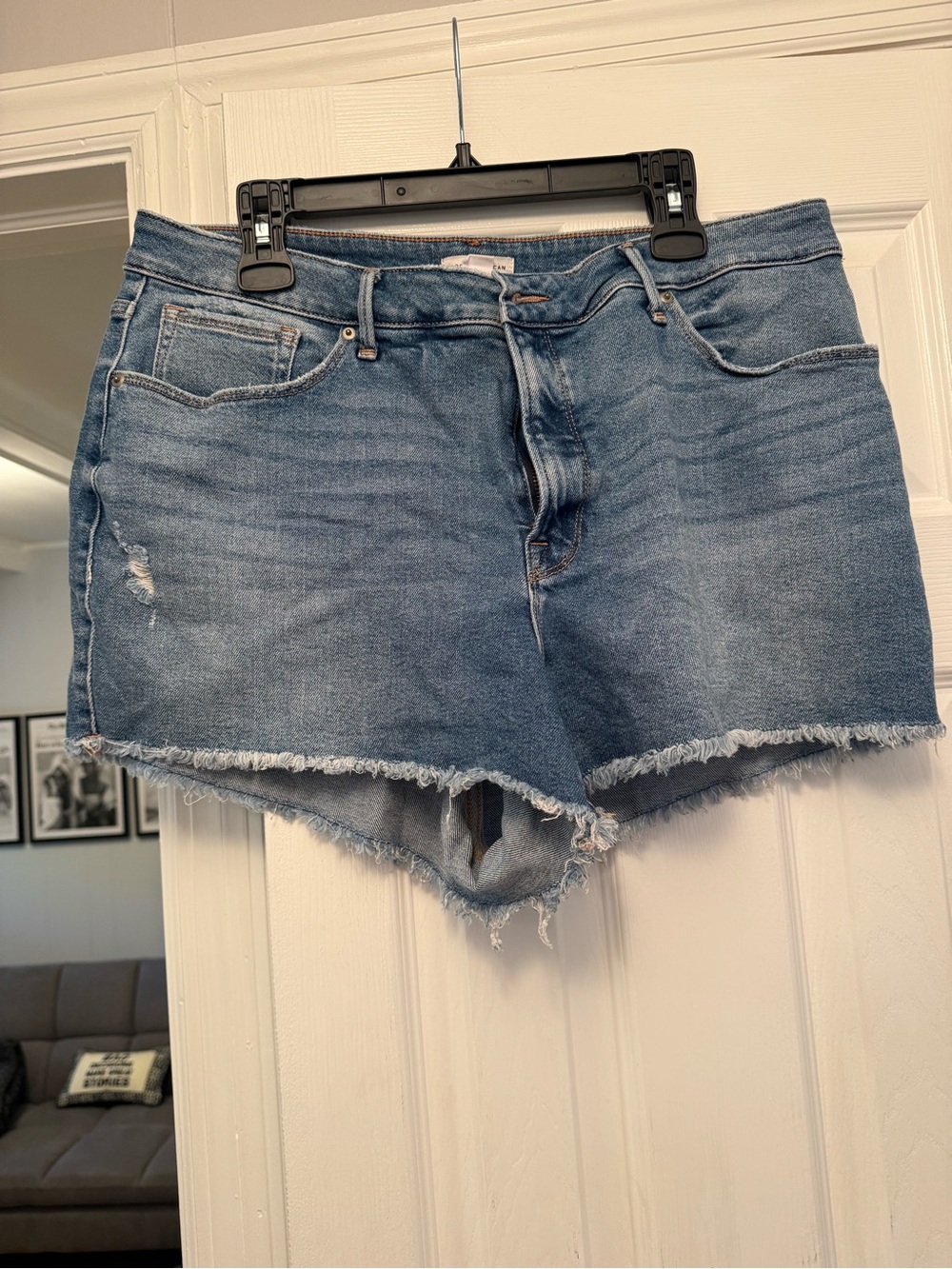 Good American Light Blue High-Rise Frayed Denim Shorts